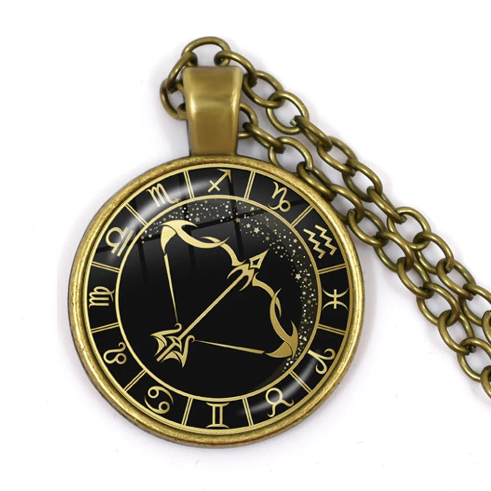 12 Constellation Zodiac Pendant Necklace | Antique Bronze Glass Dome Jewelry