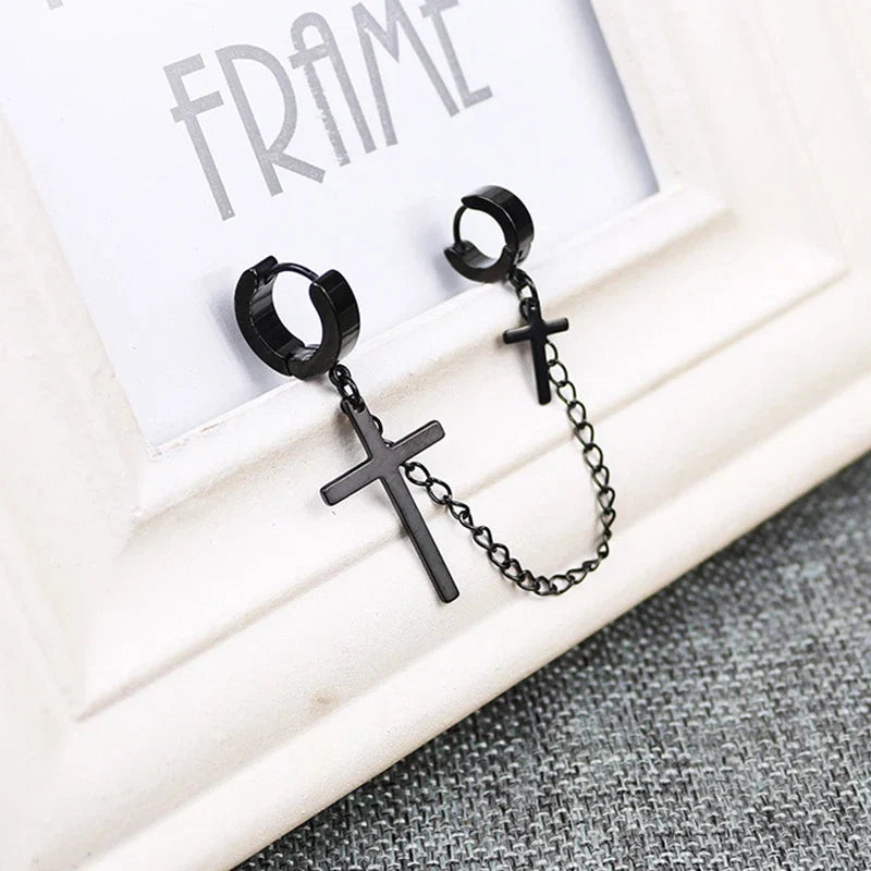 Fashion Punk Cross Pendant Clip Earring | Unisex Metal Chain Tassel Ear Cuff