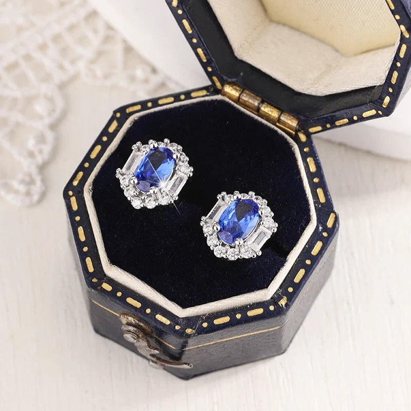 S925 Sterling Silver Sapphire Stud Earrings | Women's Fine Jewelry Gift