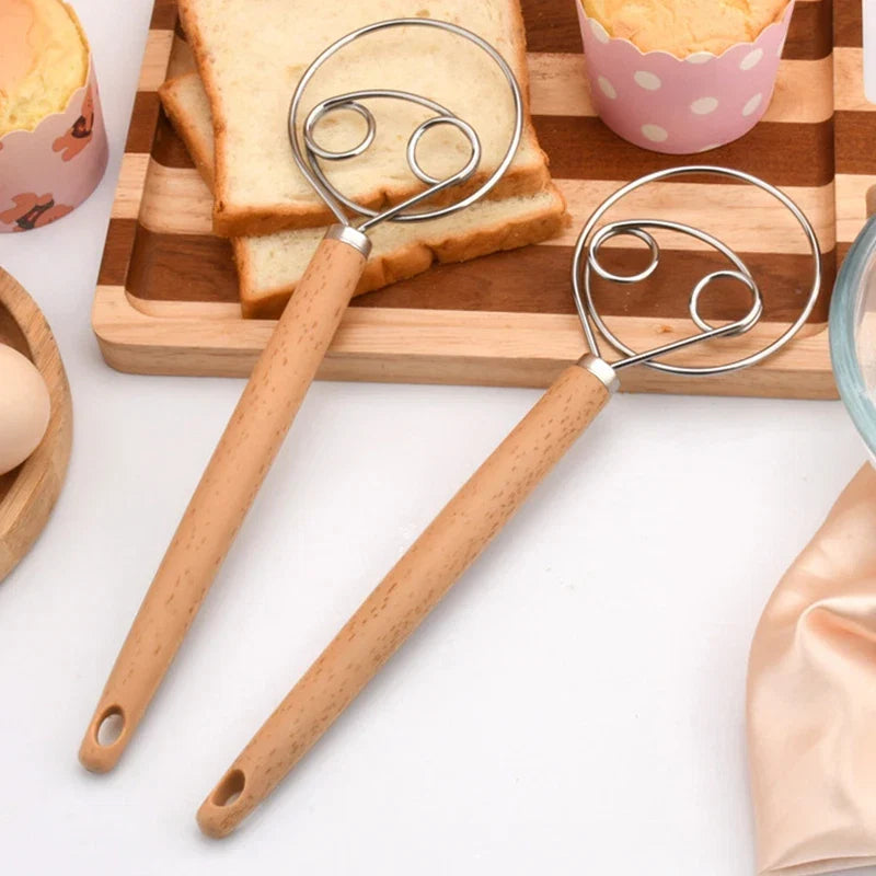 10 Inch Wood Handle Danish Dough Whisk | Stainless Steel Hand Blender for Bread and Batter