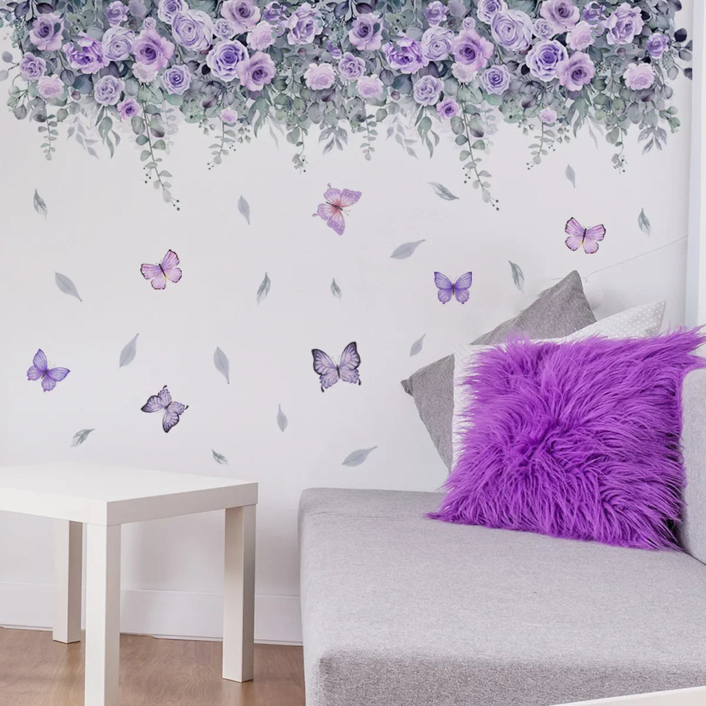 Purple Flower Wall Stickers Self Adhesive | Nordic Art Forest Butterfly Decals for Kids Room