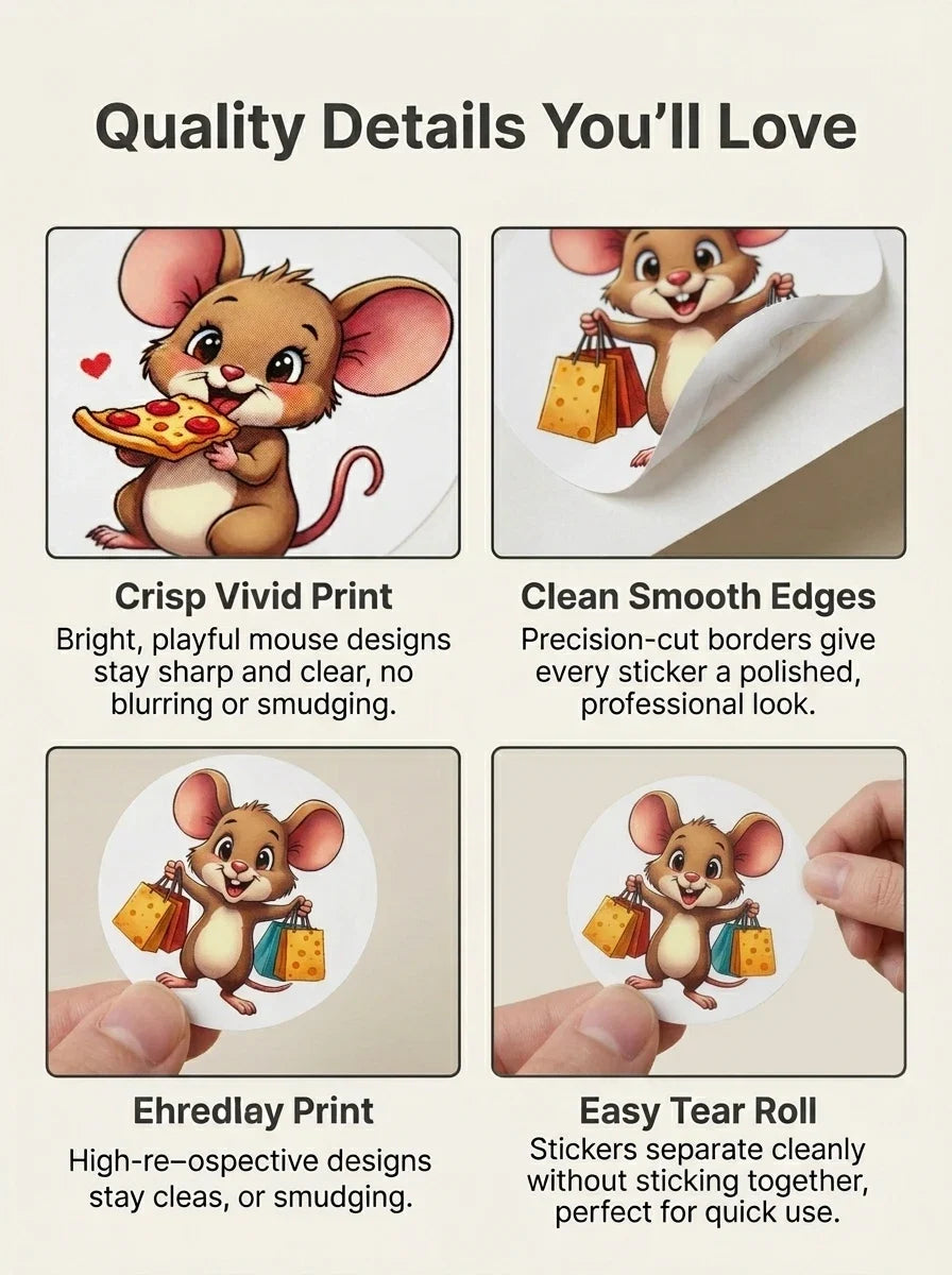 City Mouse Happy Life Stickers Roll 500Pcs | Cute Seal Labels for DIY Decor