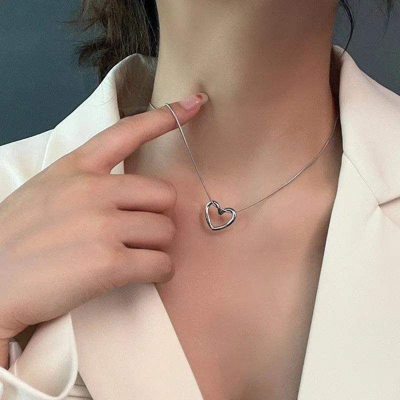 ANENJERY Stainless Steel Twist Hollow Heart Pendant Necklace | Trendy Clavicle Chain for Women