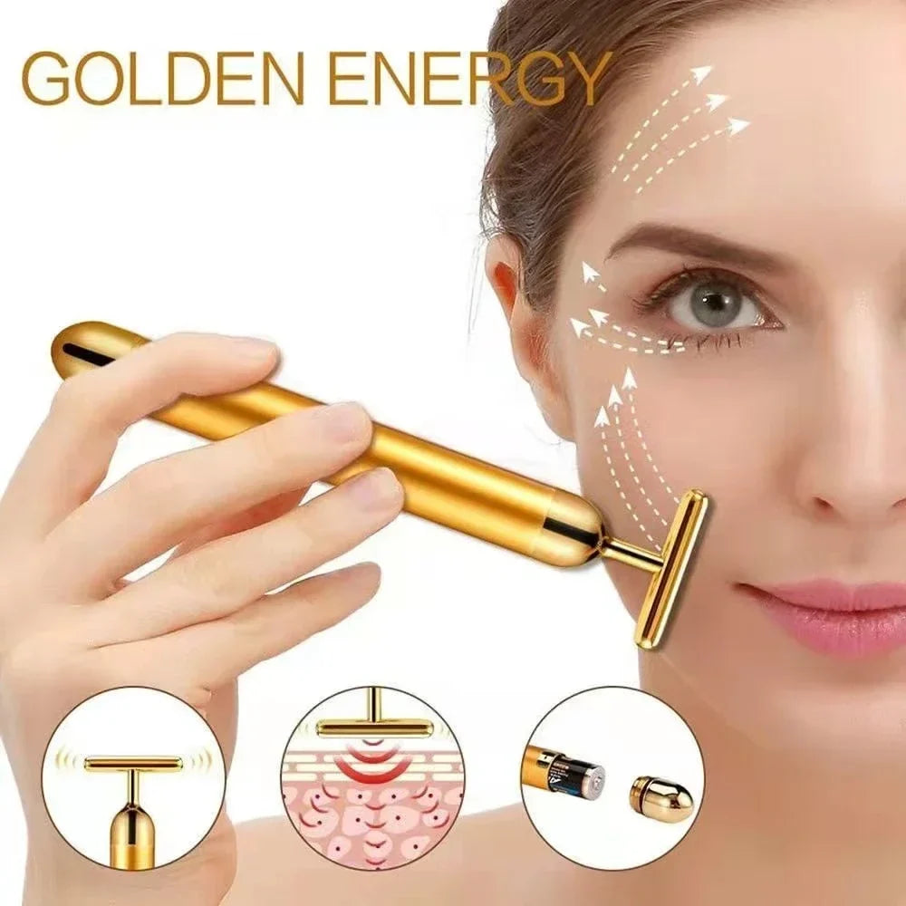 Gold Plated Facial Roller Massager | T-Shape Vibration Face Lift Tool