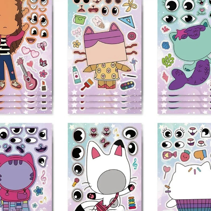 Gabby's Dollhouse Make A Face Puzzle Stickers | 6 Sheets DIY Cartoon Sticker Set