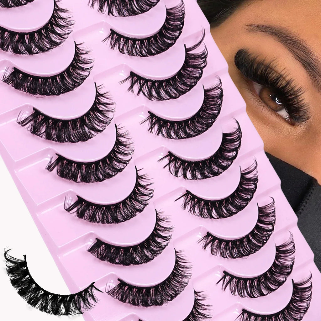 10 Pairs D Curl Russian Strip Lashes | Fluffy Volume False Eyelashes for a Dramatic Cat Eye Look