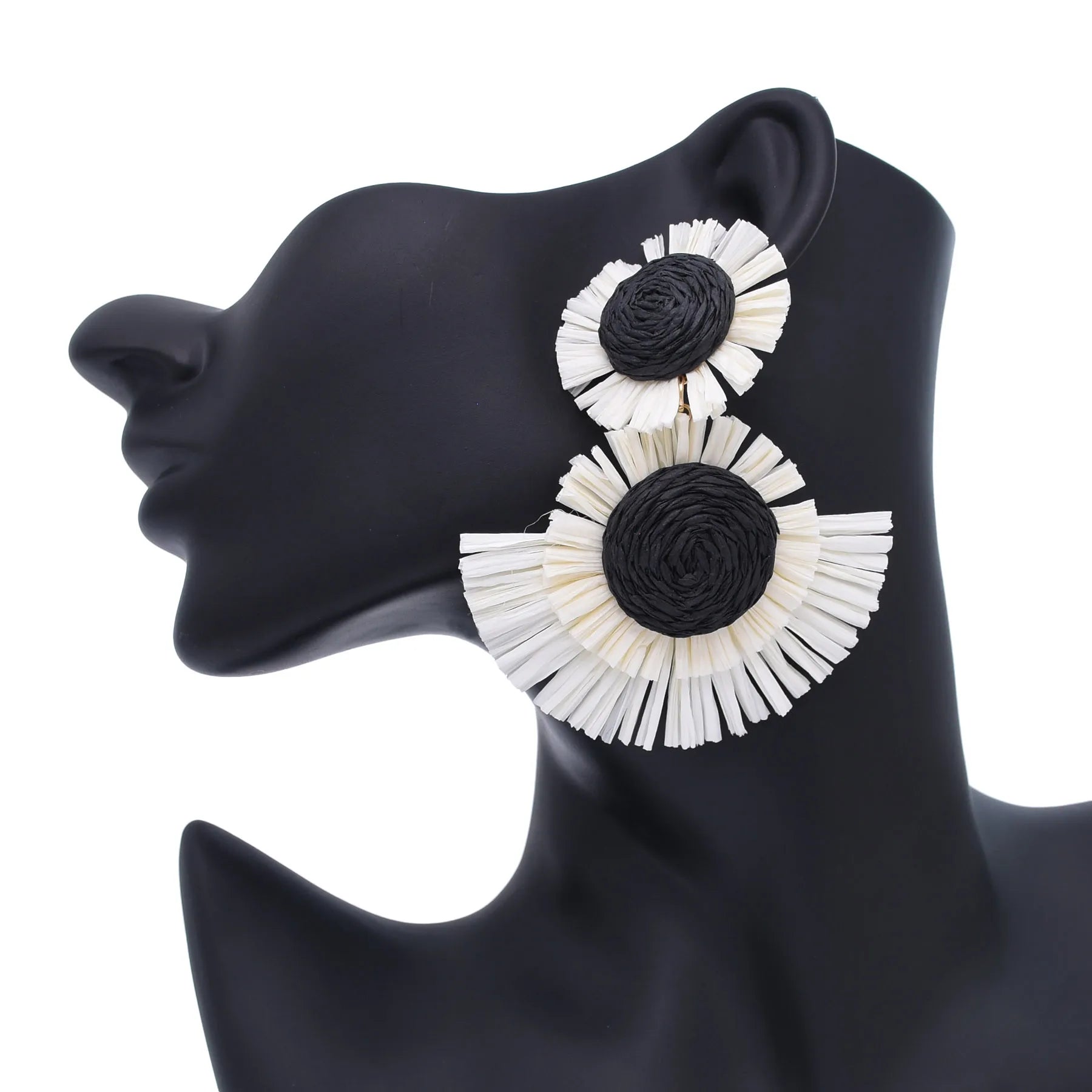 Black And White Raffia Fan Dangle Earrings | Bohemian Tribal Handmade Jewelry