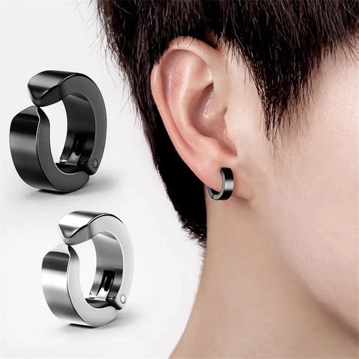 Stainless Steel Cuff Earrings for Men | Non Piercing Clip On Hoop Set