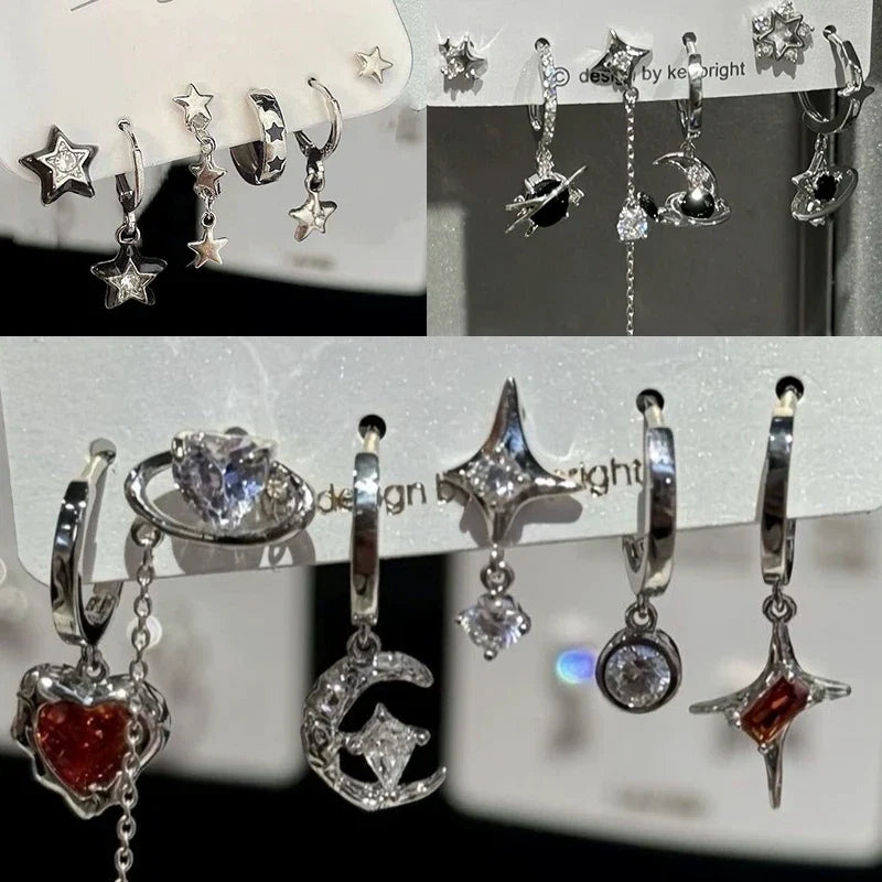 6PCS Goth Punk Vintage Aesthetic Crystal Heart Moon Cross Star Pendant Earrings Set | Grunge Y2K Jewelry