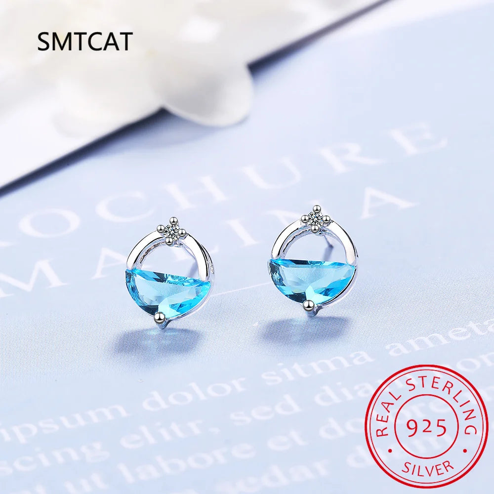 Half Round Natural Sky London Blue Topaz 925 Sterling Silver Spring Water Stud Earrings | Women's Fine Gemstone Jewelry