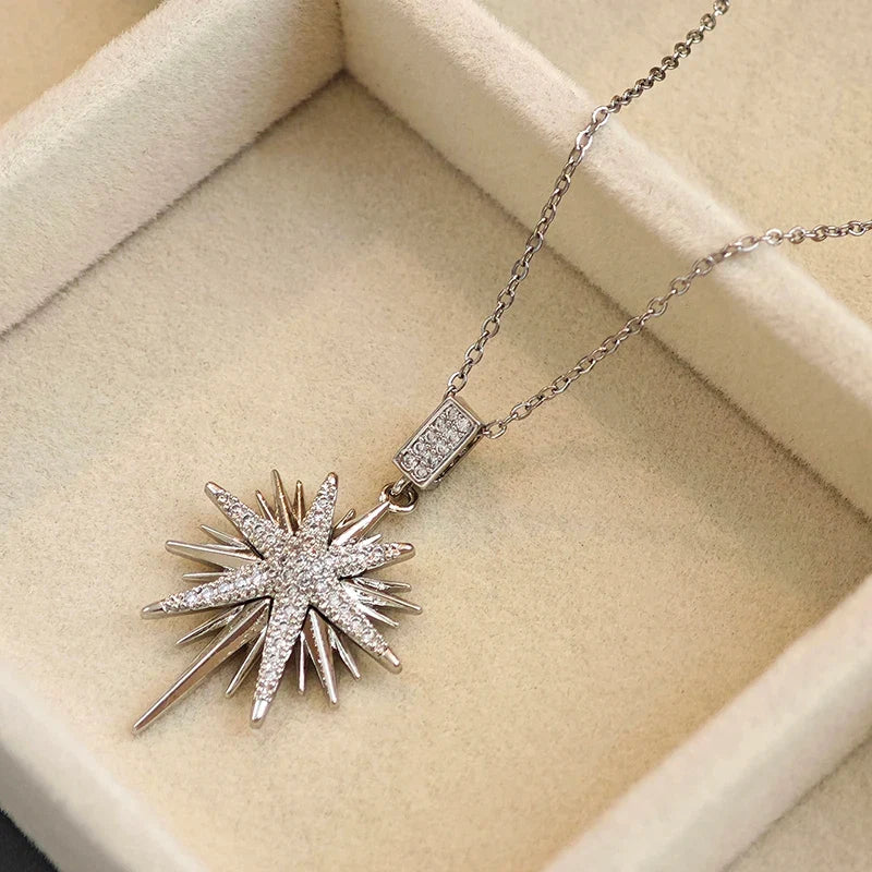 316L Stainless Steel Star Pendant Necklace | Shiny Zircon Jewelry for Women