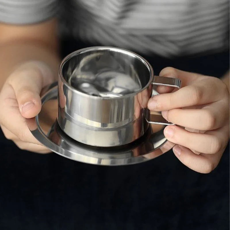 Double Wall Stainless Steel Coffee Cup Set | 180ml/200ml Hot Drink Set with Saucer and Spoon