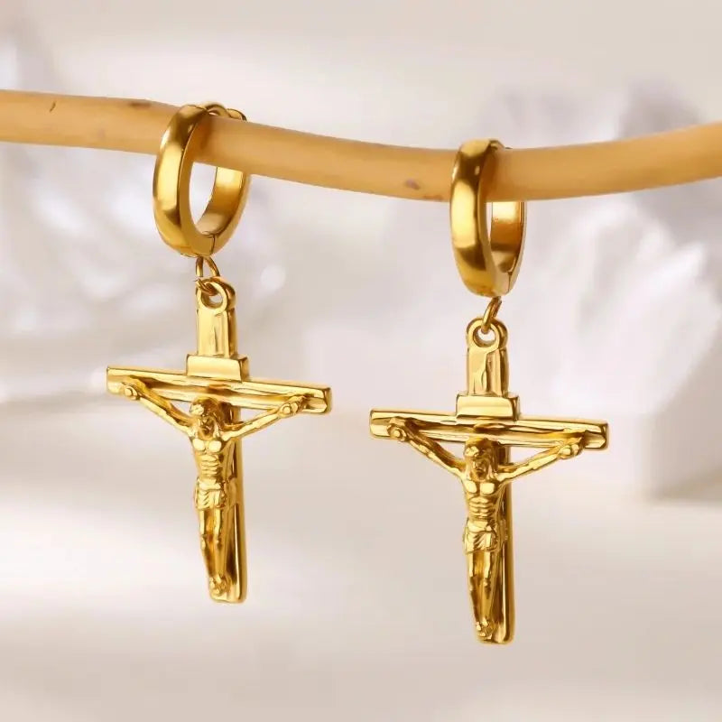 18K Gold Plated Portrait Coin Earrings | Stainless Steel Jesus Cross Dangle Huggie Earrings