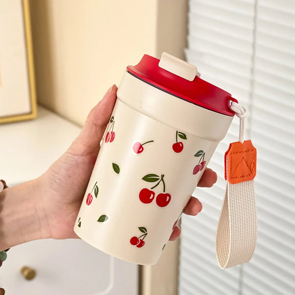 350/400ml Plastic Coffee Mug with Cherry Pattern | Travel Portable Water Bottle Tumbler