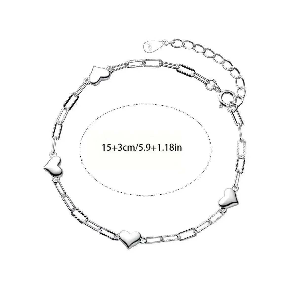 925 Sterling Silver Bracelet | Adjustable Love Heart Charm Jewelry for Women