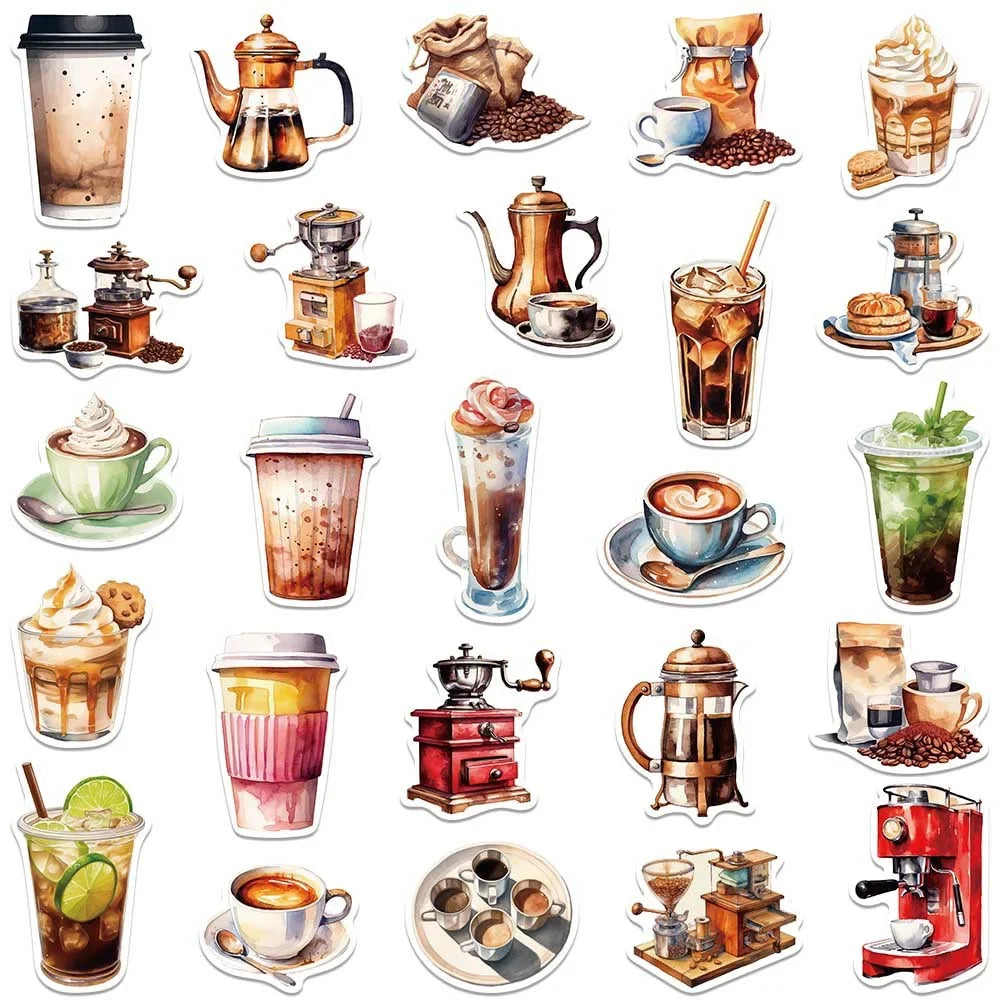 50 Cartoon Coffee Themed Stickers | Waterproof Decals for Laptops Helmets and Gear