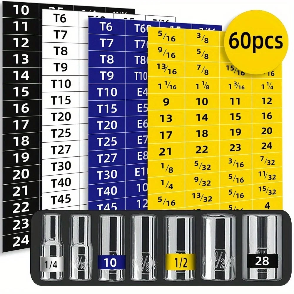 60pcs Mechanical Drive Socket Label Stickers | Quick and Easy Reminder Toolbox Decals