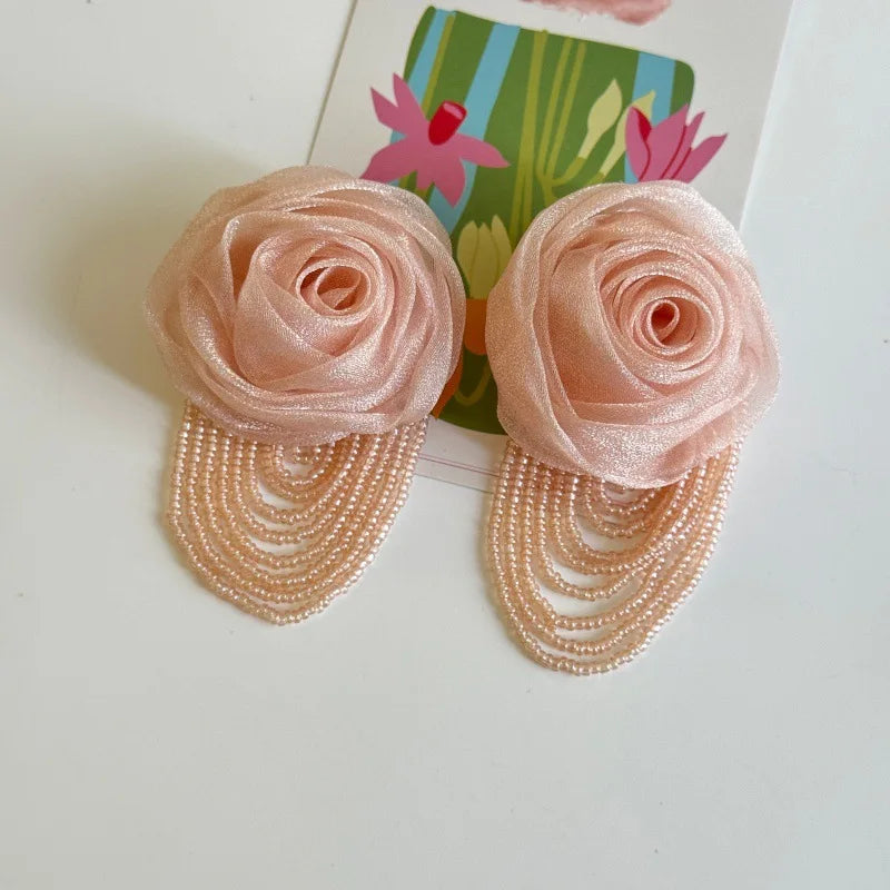 Fairy Mesh Rose Drop Earrings | Handmade Boho Tassel Jewelry
