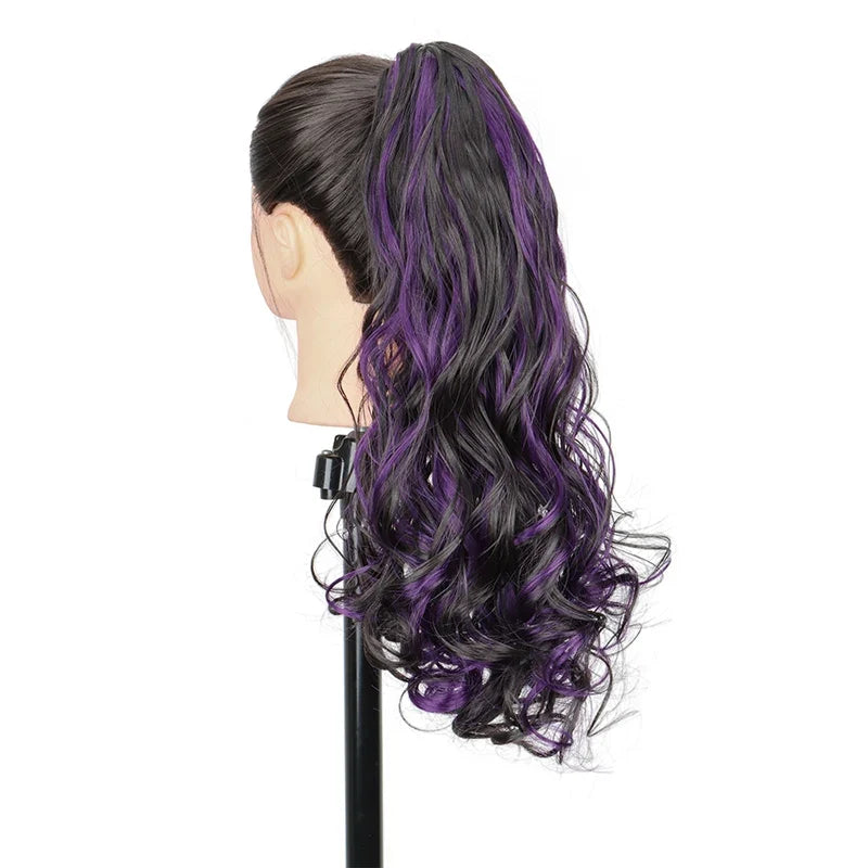 20 Inch Long Curly Ponytail Hair Extension | Mixed Red Purple Clip-In Hairpiece