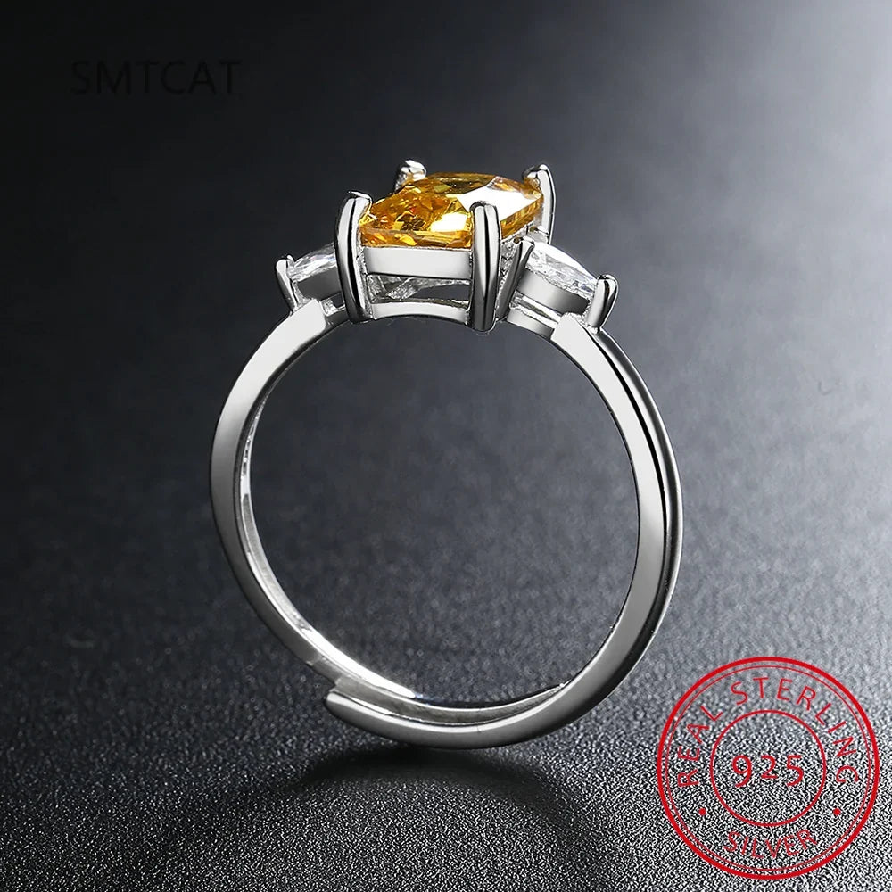 Emerald Cut Citrine Ring | 925 Sterling Silver 3 Stone Wedding Jewelry for Women