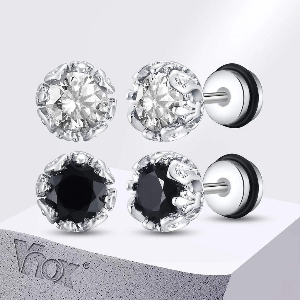 Unisex Black Onyx Screw Stud Earrings | Stainless Steel Retro Earrings for Men and Women