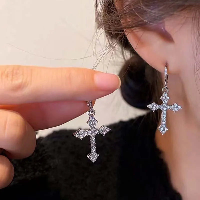 Korean Sliver Color Zircon Cross-Shape Drop Earrings | Punk Hip Hop Crystal Pendant Earrings