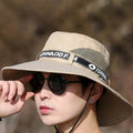 Windproof Men Outdoor Hat | Wide Brim Flat Top Fisherman Hat with Letter Print and Anti-UV Strap