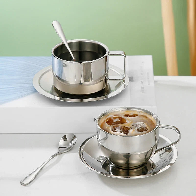 Double Wall Stainless Steel Coffee Cup Set | 180ml/200ml Hot Drink Set with Saucer and Spoon