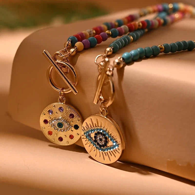 Colorful Stone Choker Necklace | Round Evil Charm Pendant for Women