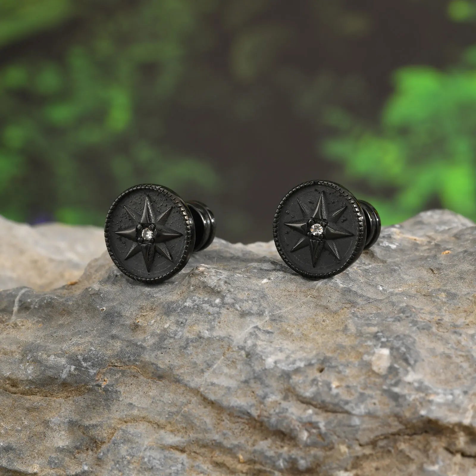Black Compass Stud Earring for Men | Nautical Star with White Zircon