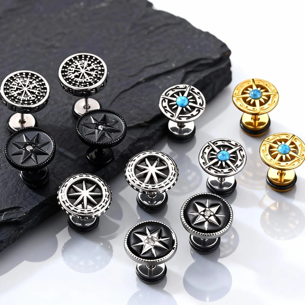 Vintage Men's Compass Stud Earrings | Stainless Steel Eight-Pointed Star Fashion Jewelry