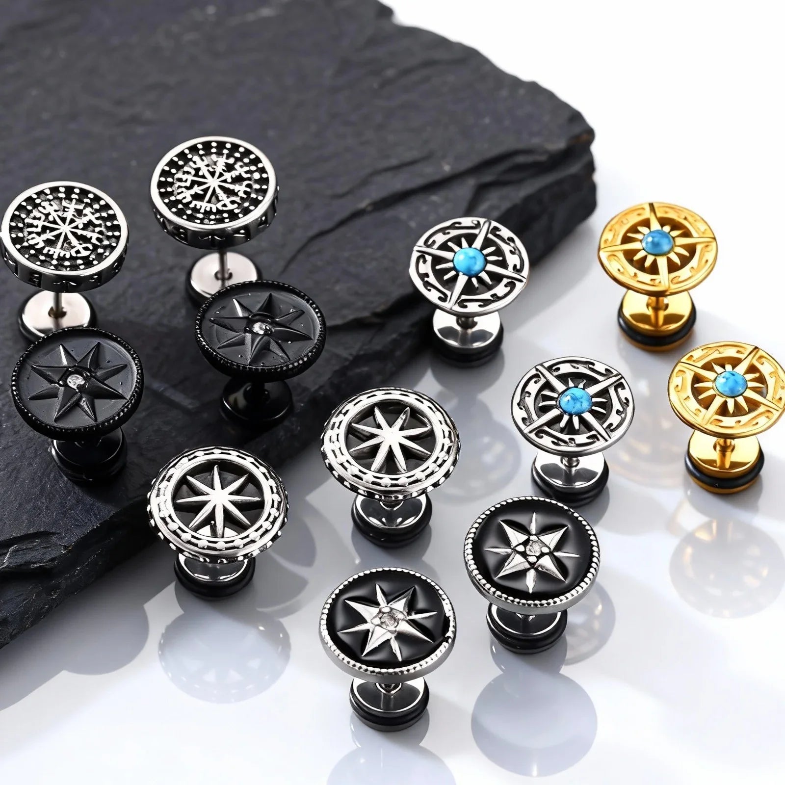 Vintage Men's Compass Stud Earrings | Stainless Steel Eight-Pointed Star Fashion Jewelry