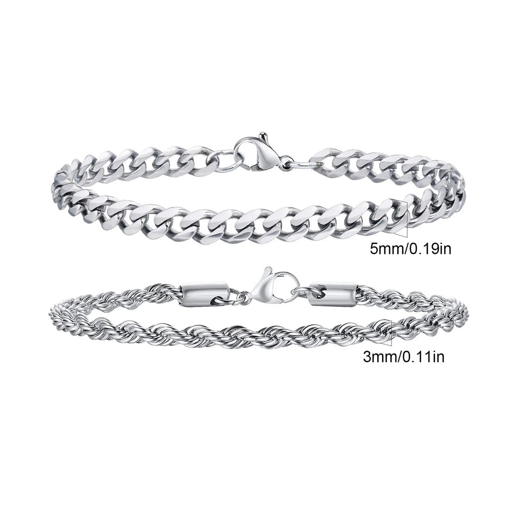 Men's Stainless Steel Chain Bracelets Set | 2pcs Silver Gold Black Twist Rope & Cuban Link
