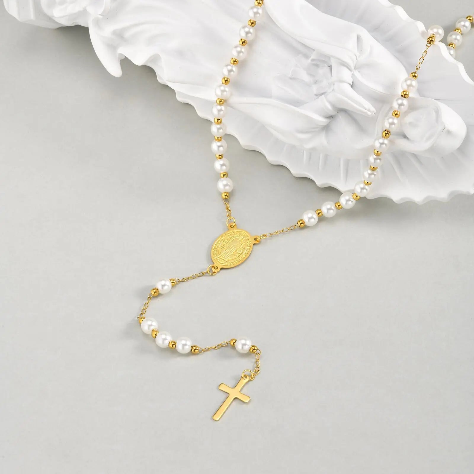 Vnox Pearl Rosary Beaded Necklace | Virgin Mary Religious Cross Jewelry for Women