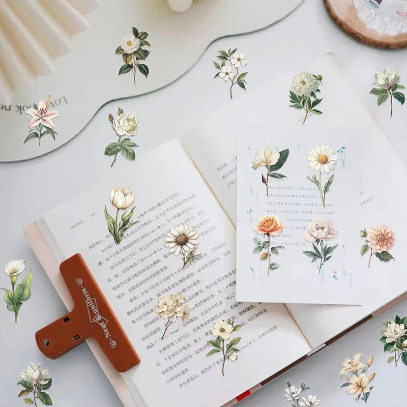 50PCS Transparent Vintage Floral Stickers | Nature Plant Flower Scrapbook Decals