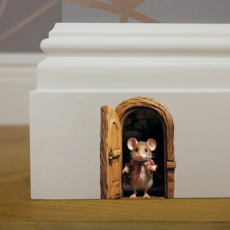 Whimsical 3D Mouse Hole Wall Decal | Adorable Red-Coated Mouse Peeking Design PVC Sticker