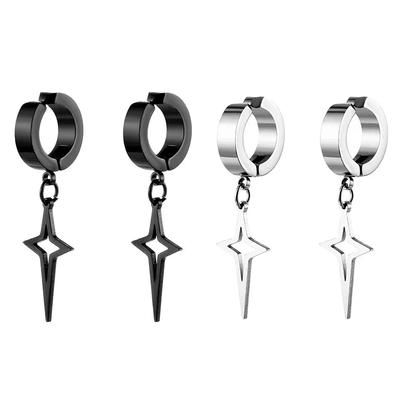 Stainless Steel Punk Star Hoop Earrings | Clip-On Earrings for Men and Women