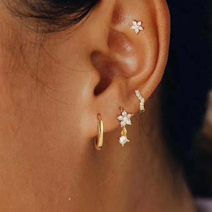 3Pcs Double Crystal Tragus Earring Floral Set | Cartilage Helix Stud Earrings Bulk Lobe Hoop Earring Lot Women Fashion Jewelry Gift