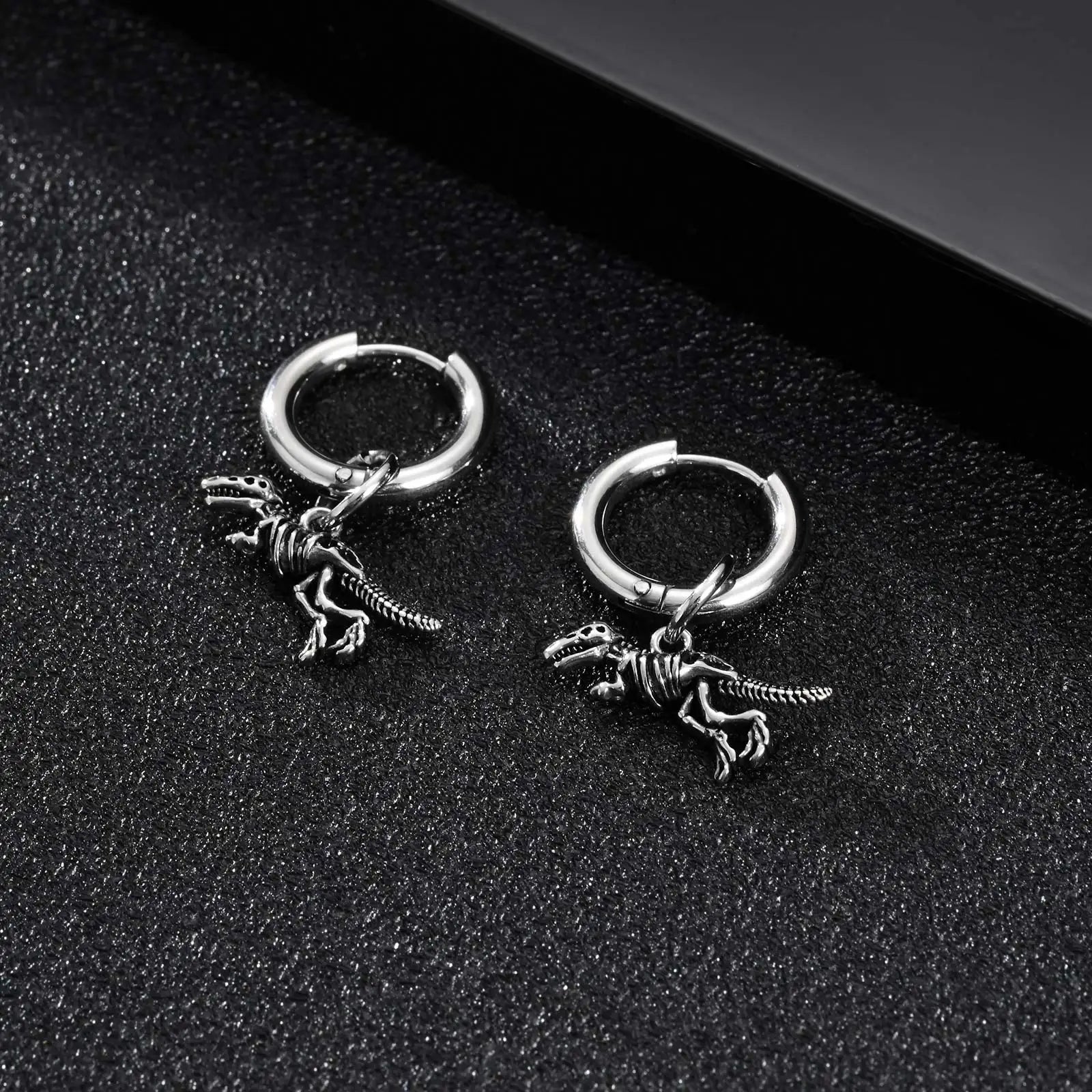 Dinosaur Drop Earrings | Stainless Steel Punk Rock Jewelry for Men and Women