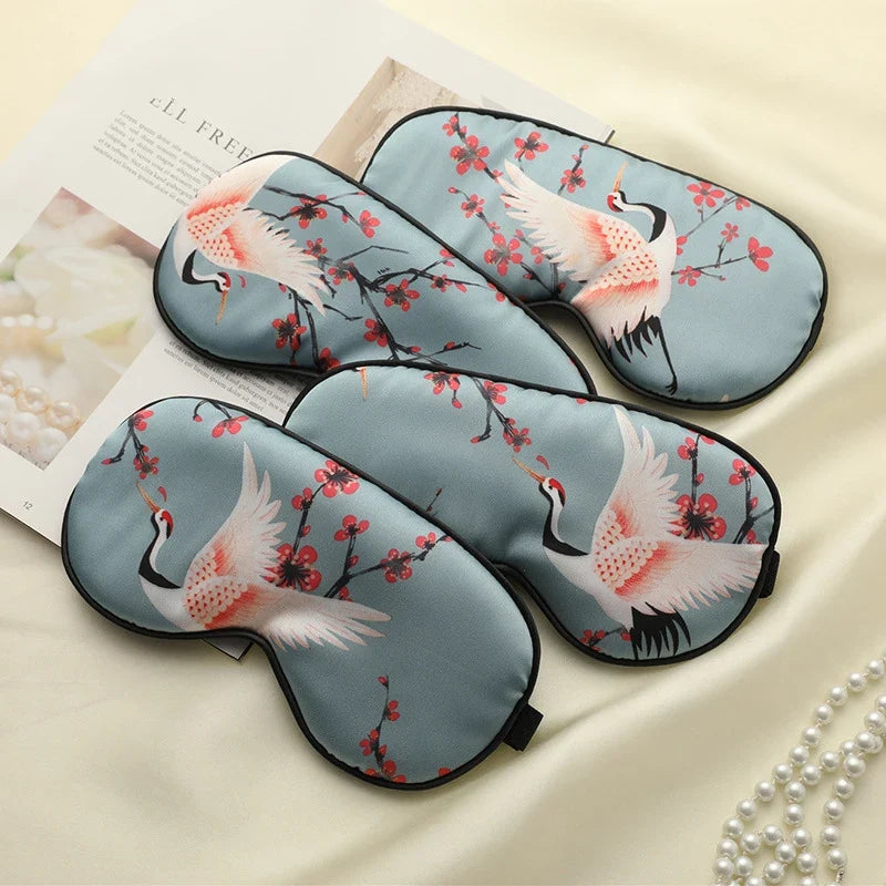 Imitated Silk Sleeping Eye Mask with Crane Print | Adjustable Blindfold for Travel and Relaxation