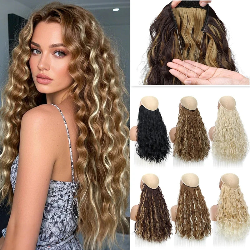 Long Synthetic Fishing Line Hair Extensions Elegant Water Wave Curly Styles for Women | Lightweight Fluffy-Looking Hairpiece