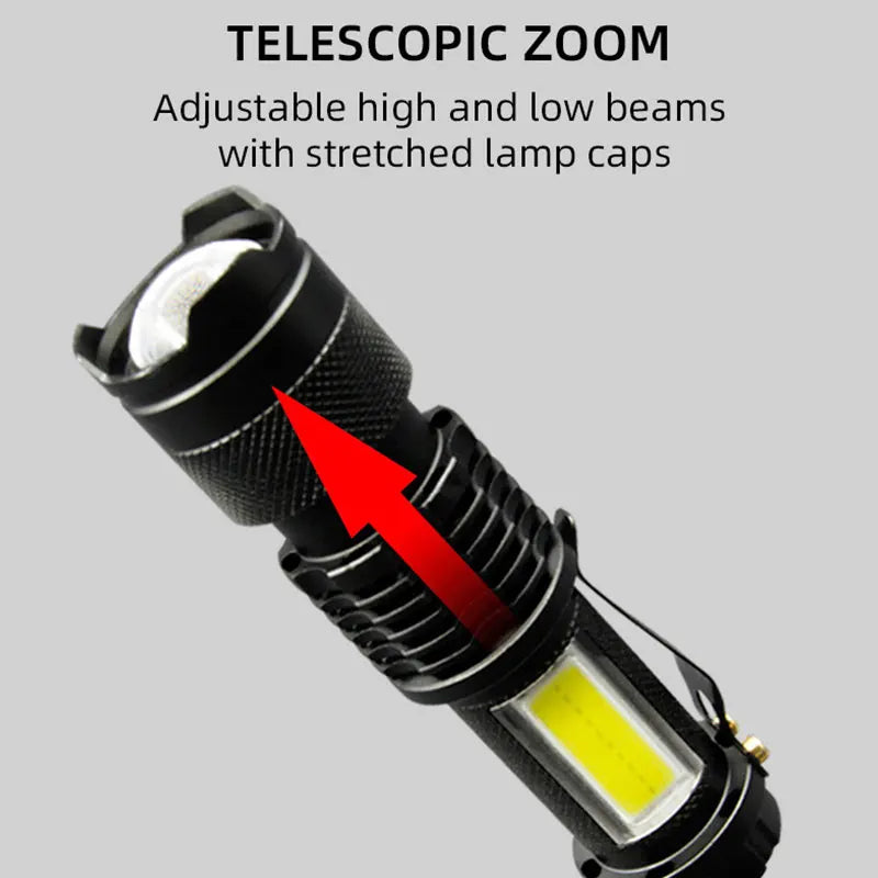 Mini XPE COB LED Flashlight | Rechargeable Dual Light Source for Hiking Camping Fishing