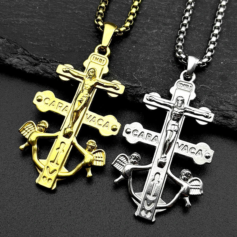 Catholic INRI Caravaca Cross Jesus Crucifix Pendant Necklace | Stainless Steel Gold Color Jewelry Gift