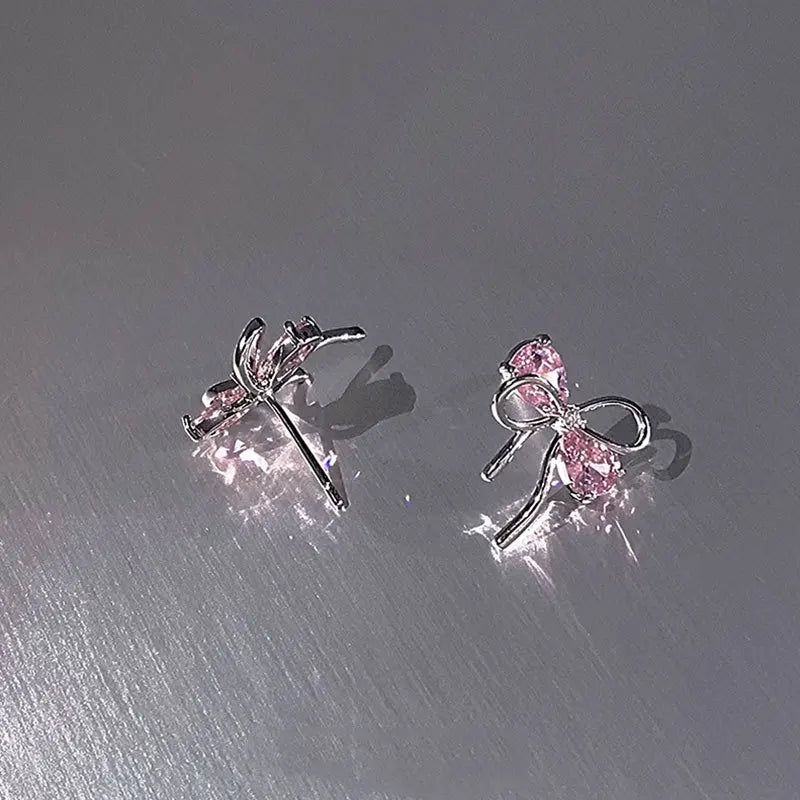 925 Sterling Silver Bow Pink Zircon Stud Earrings | Women's Wedding Fine Jewelry