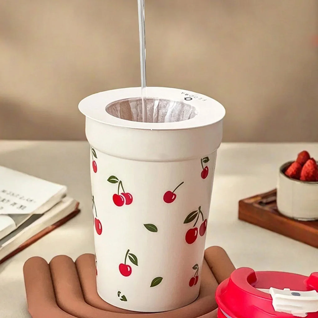 350/400ml Plastic Coffee Mug with Cherry Pattern | Travel Portable Water Bottle Tumbler