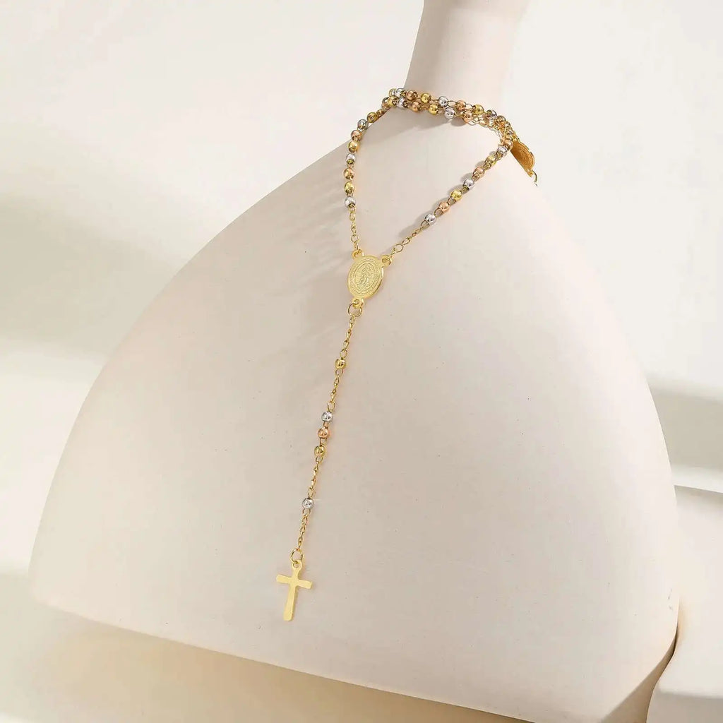 Prjewel Stainless Steel Three-Color Beaded Cross Pendant Y-Necklace | Faith-Inspired Fashion Jewelry