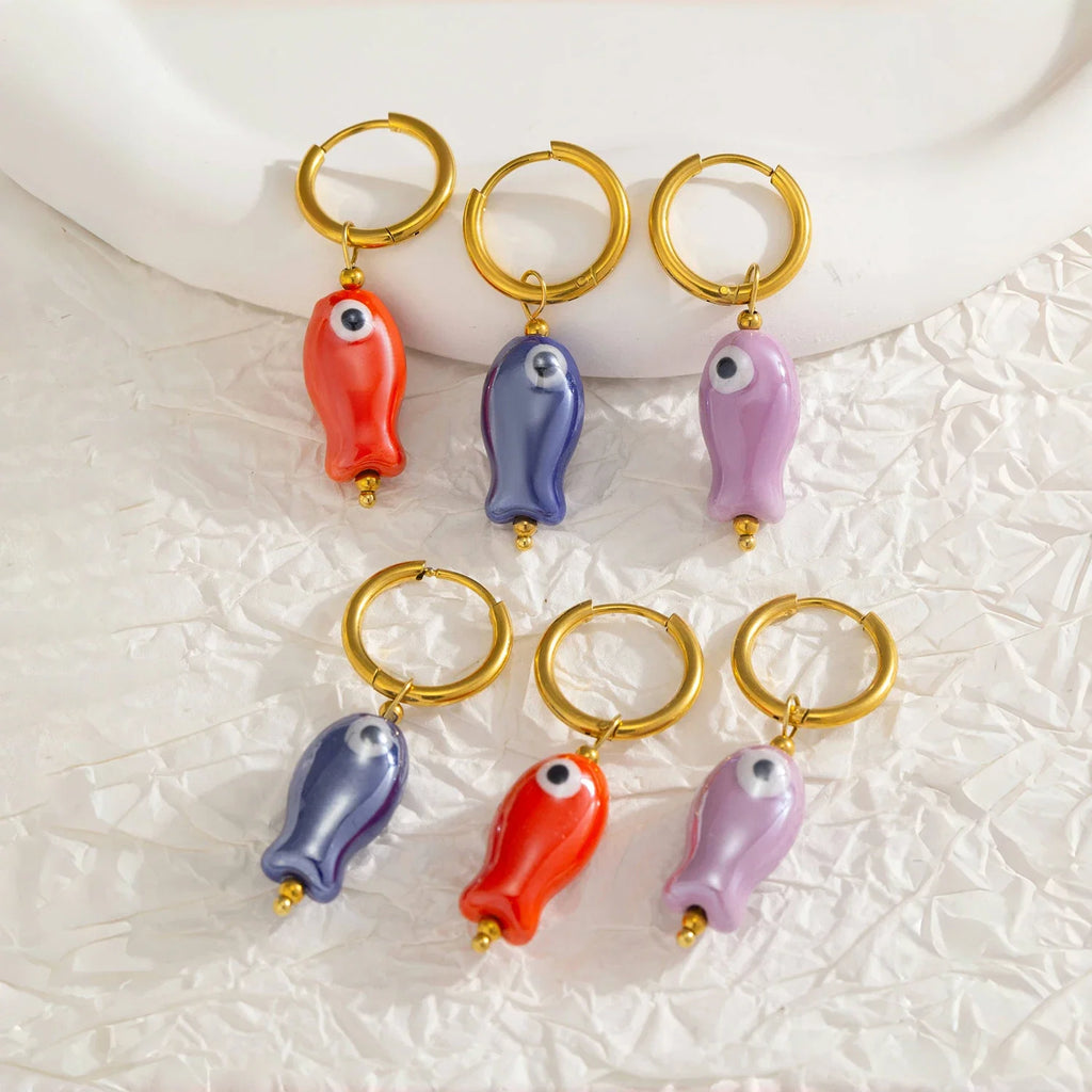Stainless Steel Ceramic Fish Earrings | Colorful Dopamine Jewelry for Women