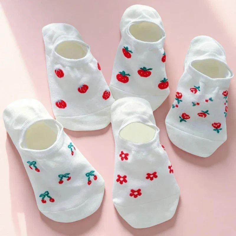 Cherry Print No-Show Boat Socks | Women's Thin Breathable Summer Socks