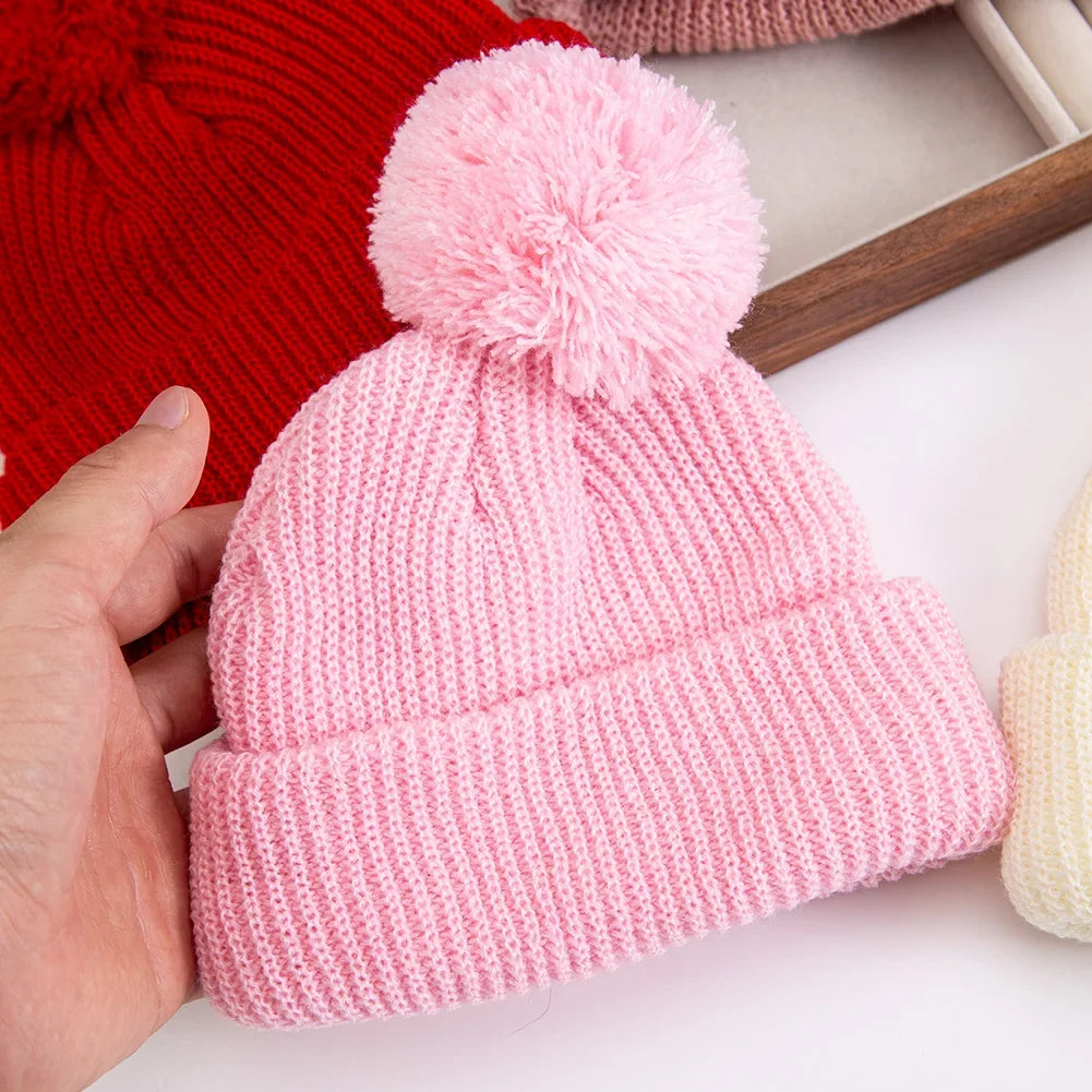 Solid Pom Knitted Baby Beanie | Newborn Infant Winter Hat