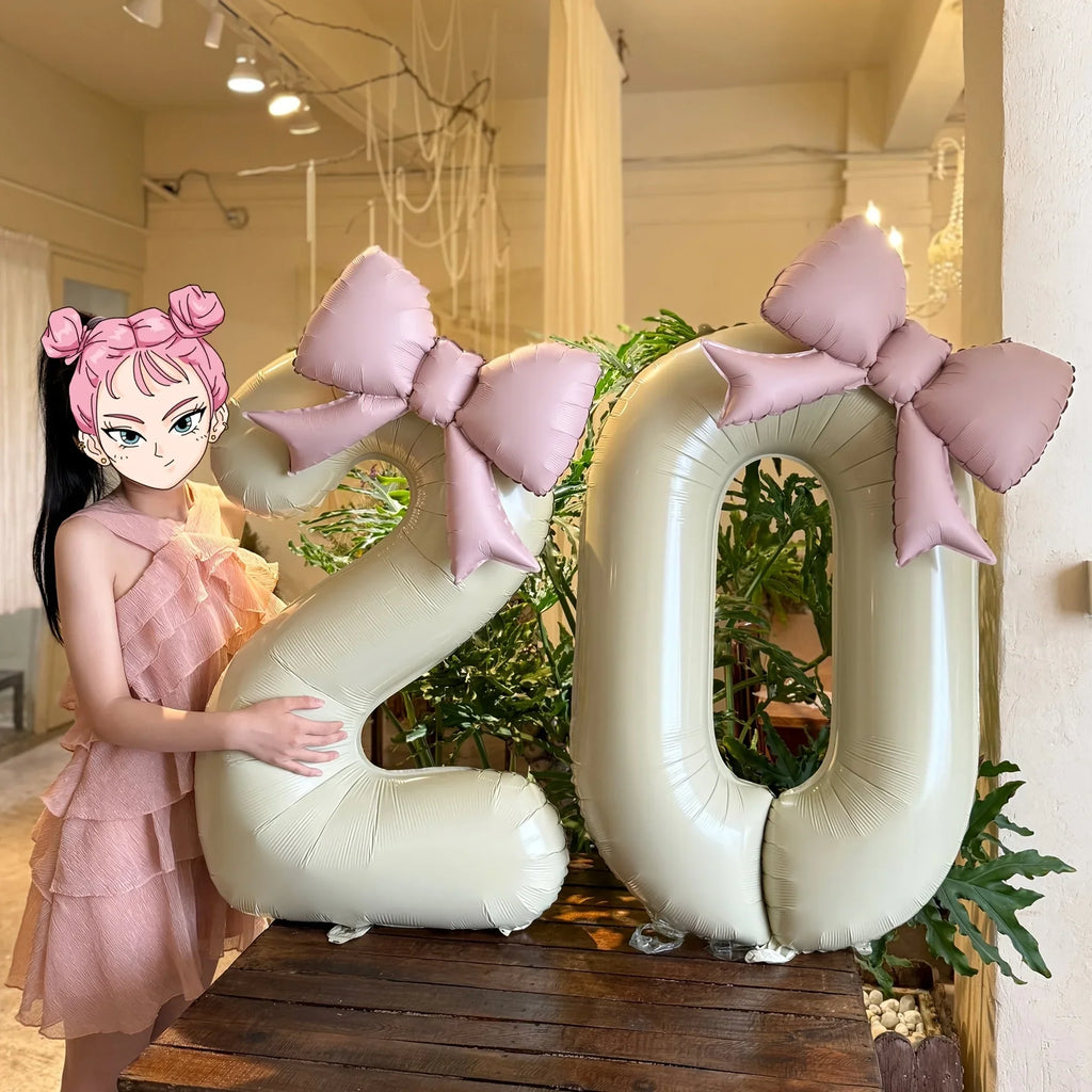 2 Pcs 32 Inch Cream Digital Balloon Set with Pink Bow | Aluminum Foil Party Decor